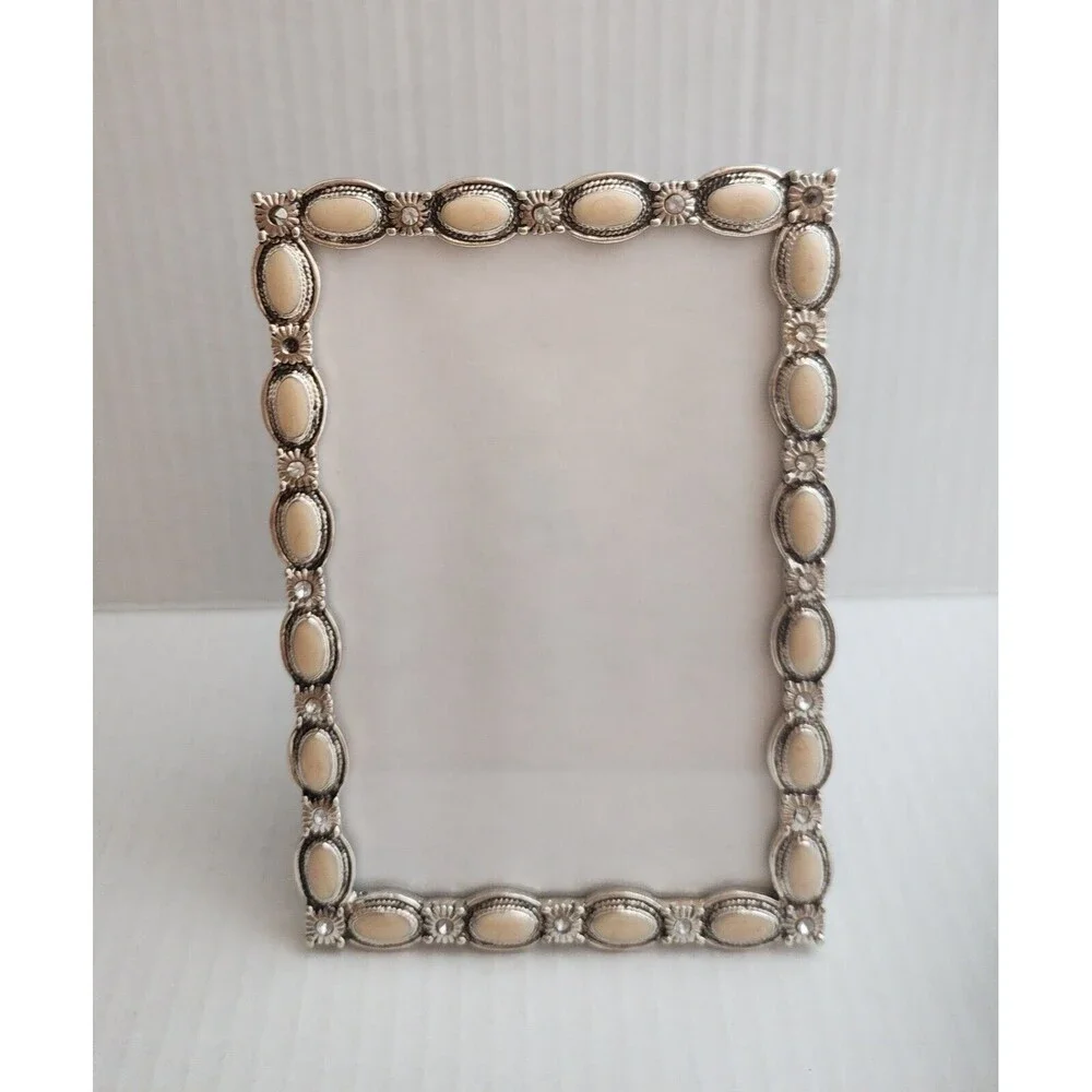 LNT Home Picture Frame Back Stand Silver Tone Ivory Rhinestones